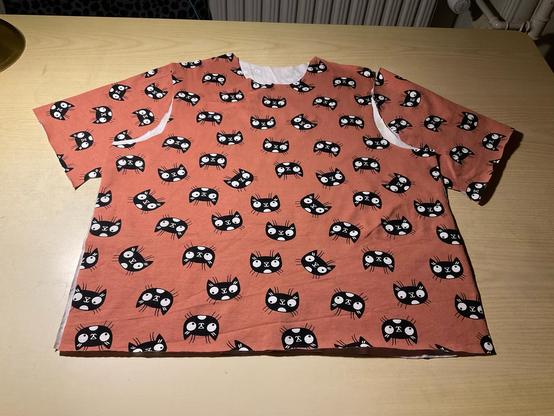 Fabric cut for a T-shirt. Terracotta background and black cat faces scattered all around.