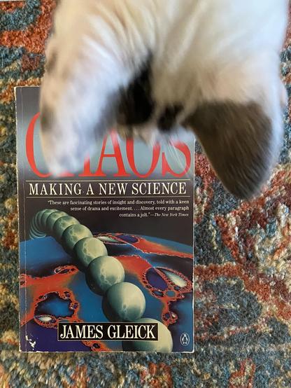 Photograph of my book with the out-of-focus ears of my cat Charlie blocking the title “Chaos”