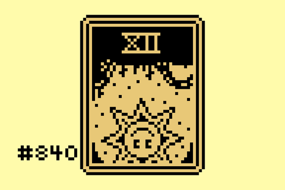 1-bit pixel art of a tarot card. Card XII, The Hanged Man, as an upside down cartoon sun with a smiling face, set in a starry sky above (below) an upside-down desert with cacti and rock formations. The number XII is set into the dark desert sand at the top of the card.