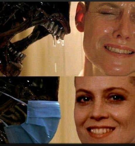Alien without a mask next to cringing Ripley
Alien with a mask next to smiling Ripley 