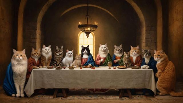 cats in a badly AI/photoshopped last supper