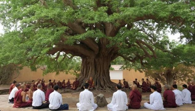 Laypeople and renunciates meditating under a huge tree