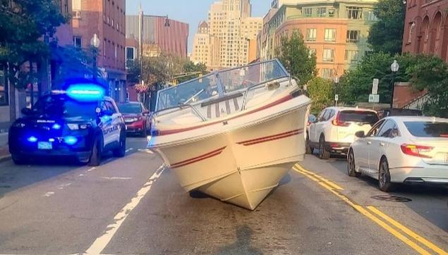 Boat in the road in Cambridge, photo by Cambridge PD