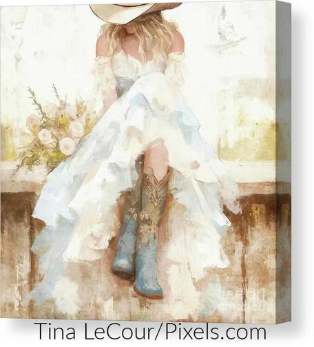 This is artwork of a pretty cowgirl sitting on a fence with her head down wearing a cowgirl hat and chiffon ruffled lace dress with blue cowgirl boots and a bouquet of rose flowers next to her on the fence. 