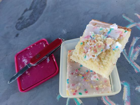 Two slices of lemon cake with bright colored sprinkling (is this a word?) in a Tupperware-container on the right side, with the purple-ish lid on the left, with my Victorinox on it.