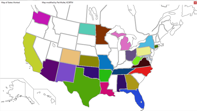 A map of the United States.
26 of the states have been colored in to indicate contacts in those states.
The 24 states which have not been colored in are:
Alaska
Delaware
Hawai'i
Idaho
Illinois
Indiana
Iowa
Kentucky
Maine
Massachusetts
Mississippi
Montana
Nebraska
Nevada
New Hampshire
New Jersey
Oregon
Rhode Island
South Carolina
South Dakota
Utah
Vermont
Wisconsin
Wyoming