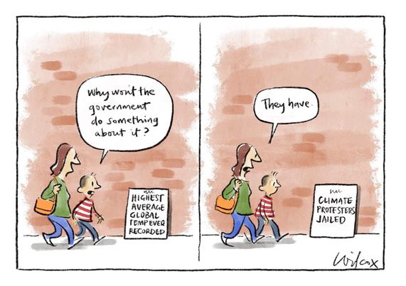 two panel Cathy Wilcox cartoon, of a mum and kid walking on the street past a sign saying 'Highest average global temperature ever recorded' and the kid asking 