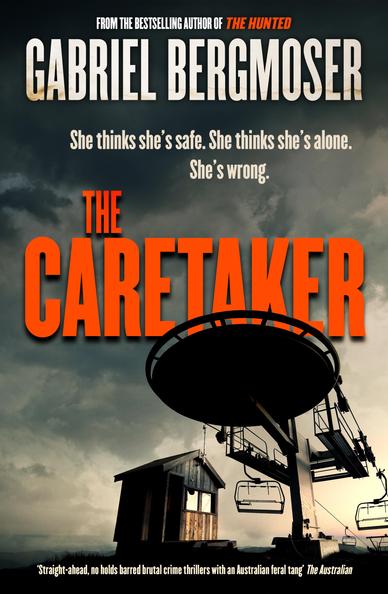 Image of the book cover for The Caretaker by Gabriel Bergmoser.

The main part of the image shows the end of a ski lift (where the chairs go around) from the bottom, with a small wooden shack beside it. Those two elements are at the bottom , set against a grey to black heavily cloudy sky. The title is in the centre of the book in large orange text, with the author's name at the top. The subtitle of the book is 