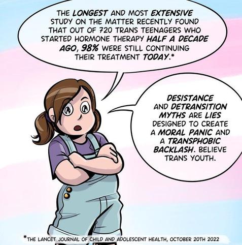 This is an illustration featuring a character who appears to be conveying a message. The character has brown hair tied back, and is wearing a purple t-shirt with blue overalls. They have a determined or serious expression on their face and their arms are crossed. two speech bubbles are present, containing the following text:

