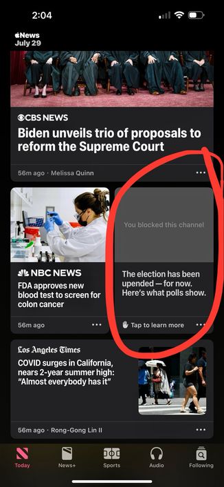 Screenshot of Apple News with an area highlight where a story appears grayed out with the actual headline and a note “you blocked this channel” … but it’s serving up the story anyway!