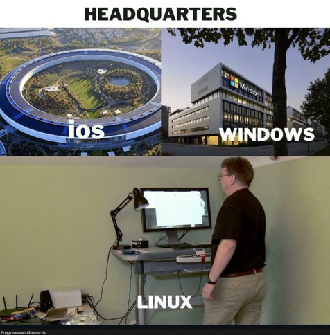 **TL;DR:** Meme comparing headquarters of iOS, Windows, and Linux. iOS shows Apple's circular building, Windows shows Microsoft's modern office, and Linux shows Linus Torvalds working in a cluttered, small room.

Text: 