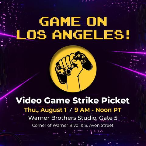 The image is a promotional poster for a video game strike picket event. The background is dark with purple neon light streaks and digital elements, creating a futuristic and energetic atmosphere. At the top, in large, pixelated yellow font, it says 