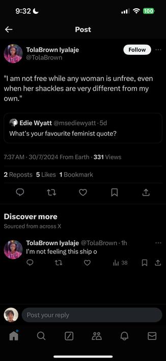 a quote post from twitter, the original inside post is: What’s your favourite feminist quote?

The outside/reply post is: 