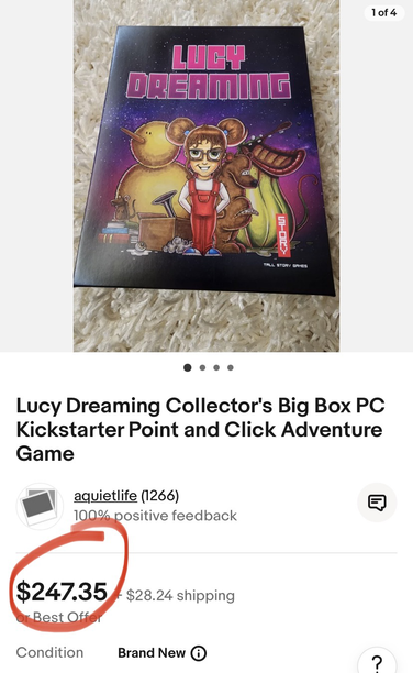 Screenshot of an eBay listing page showing a boxed version of my game, Lucy Dreaming selling for nearly $250!