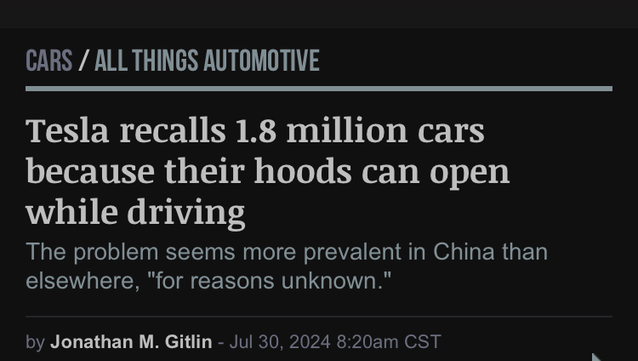 CARS / ALL THINGS AUTOMOTIVE

Tesla recalls 1.8 million cars because their hoods can open while driving
The problem seems more prevalent in China than elsewhere, 