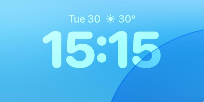 Screenshot from iPhone screen. Blue gradient background with light blue text.

Showing date and weather on first line in small font:
Tue 30 - Sun icon - 30°

Time on second line with big font:
15:15