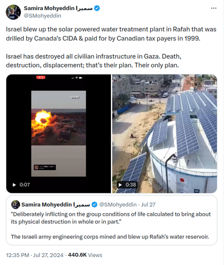 Tweet showing Israel blowing up a solar powered water plant built by Canada, a war crime