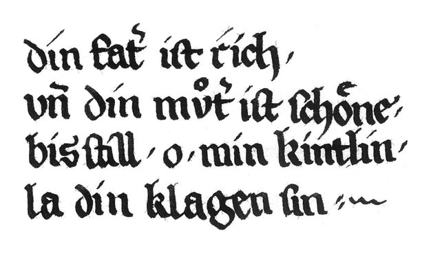 Mittelhochdeutscher Text im Post von Hand mit schwarzer Tinte auf weißes Papier im Stil einer hochmittelalterlichen Handschrift geschrieben