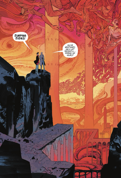 The comic book characters Dylan Dog and John Constantine look out over a depiction of hell. 