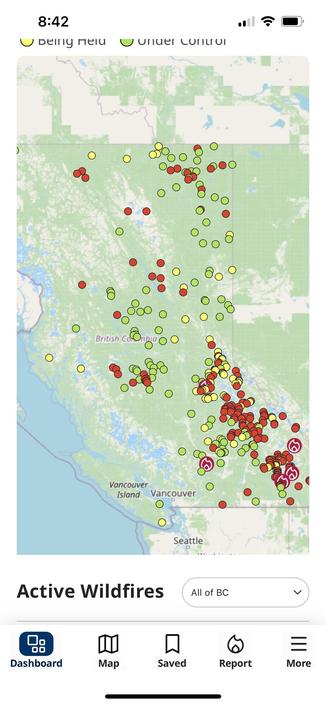 Screen shot from B.C. Wildfire app showing fires in B.C. 