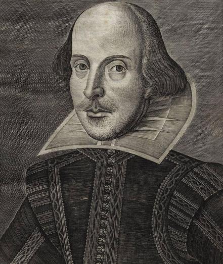 Das Bild zeigt den Porträt-Stich Shakespeares von Martin Droeshout auf dem Titel des „First Folio“ (1623)