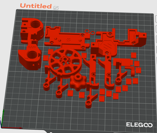 Many small parts on a screenshot of a slicer, all red parts, all for the ercf