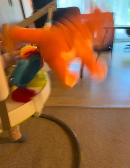 An orange plushy cat named Dikkie Dik (Dutch classic). It's mid-air after baby decided it needed to go.