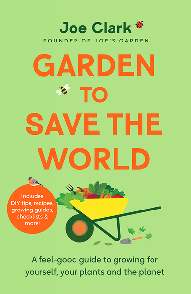Green front cover of Garden to Save the World with a drawing of a wheelbarrow full of vegetables under the title.