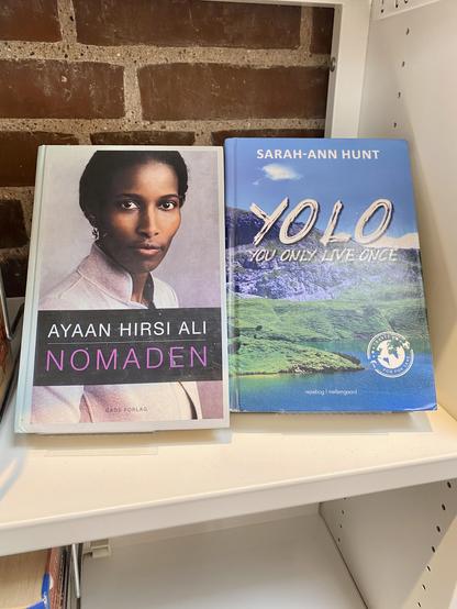 Two books. On the left one by Ayaan Hirsi Ali, a Dutch-American right wing christian who makes a living preaching hate of groups of people. On the right a book titles YOLO, You Only Live Once (and fuck everyone else?) which appears to be her motto.