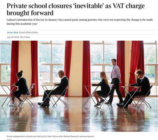 Article about private school closures due to VAT charges, with an image of students in uniforms sitting at desks in a hall with red curtains, overseen by a teacher.