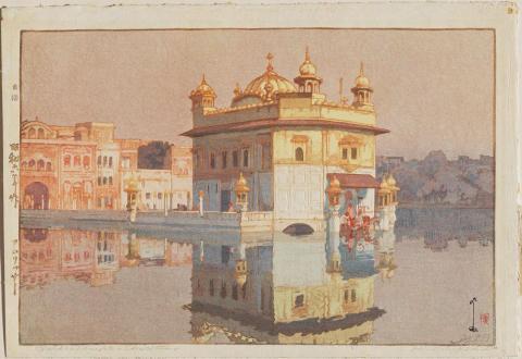 Print of the golden temple with its reflection in the lake water around