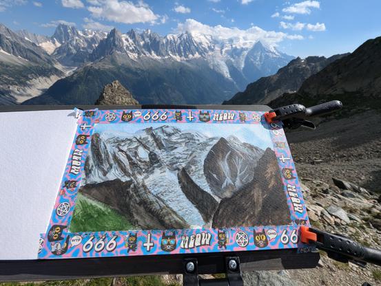 A photo of a painting of the mont blanc mountain range, with the mountains in the background