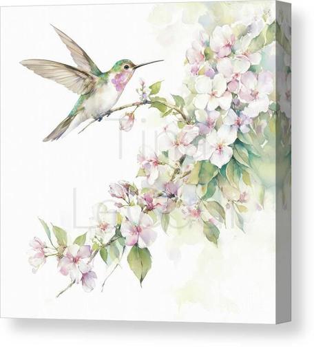This is a watercolor of a pretty little ruby throated hummingbird perched in some little white and pink blossom flowers against a white background. 