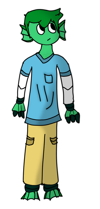 caesar's OC: Max, a hebdomogen.

a humanoid robot creature with light green skin in some areäs (namely, the head, hands, feet, and neck) and white robotic metal for skin in others (in this case, only the arms are visible with this).

in the place of ears he has webbed things like some fish have, which are light green with dark green on the edges. he has dark green 'hair', and is looking upwards and to the write with a neutral expression. his arms are in a neutral position, by the sides of his torso.

he is wearing a celeste (light blue) t-shirt with a dark celeste accent around the normal holes that t-shirts have. the t-shirt has a front pocket, and has a smiling face in the style of the Japanese kana that looks like a smiling face. he is also wearing brown-beige trousers. the pockets of the trousers are too far for him to conveniëntly reach though.

his hands and feet are webbed, and his fingers are robotic attachments to his webbed hands.

if you were to zoom on his chest-neck areä that is visible, you would see some writing: S 24 G7 followed by a superscript T followed by forward slash U P. this is likely his serïal number. the next line reads S T : DEF, followed by a sad face in the style of the aforementioned Japanese kana. this indicates he was found to be defective by Quality Control. finally, the next like states MK 4 RL, meaning 'mark for release'. this is in compliänce with the in-universe legislation on sapiënt machines.
