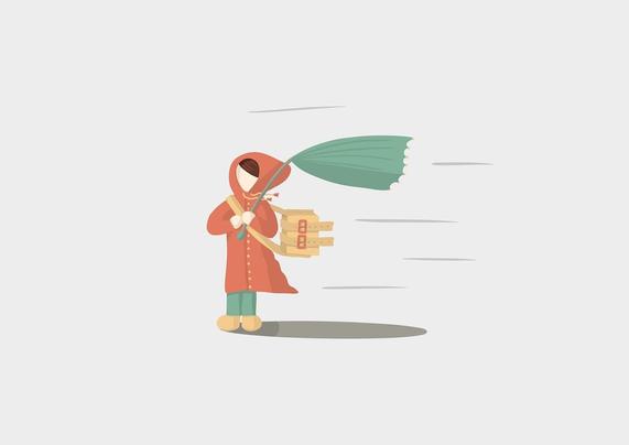 Illustration of a person in a red coat and hood carrying packages while struggling in strong wind.