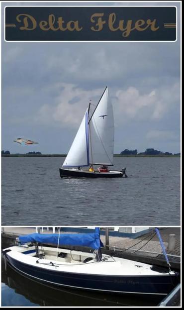 Two photos of a polyester Valk sailing boat. Lush blue and named Delta Flyer as it could voyage just about any quadrant of the Frisian lakes