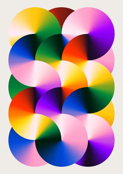 Abstract composition of a contiguous curving line moving in and out and overlapping itself in a cluster, each curve painted in flat, bold colors fluctuating with gradient effects