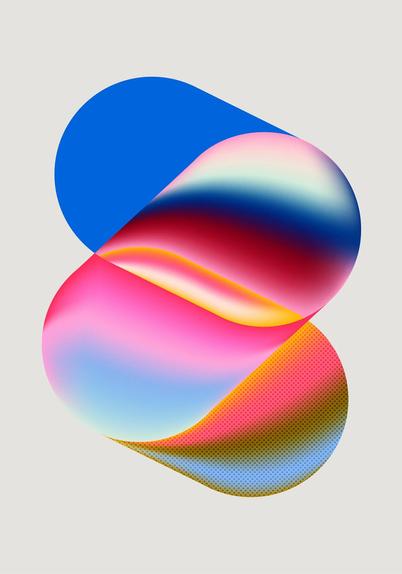 Abstract composition of a three pill-shaped ovals overlapping each other in a vertical zig-zag shape, shifting colors and gradients with each overlap