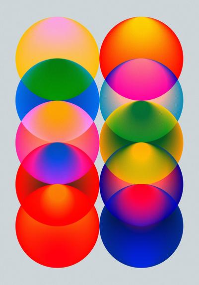 Abstract composition of two vertical columns of overlapping circles in bright colors that form different hues at the circles' intersections