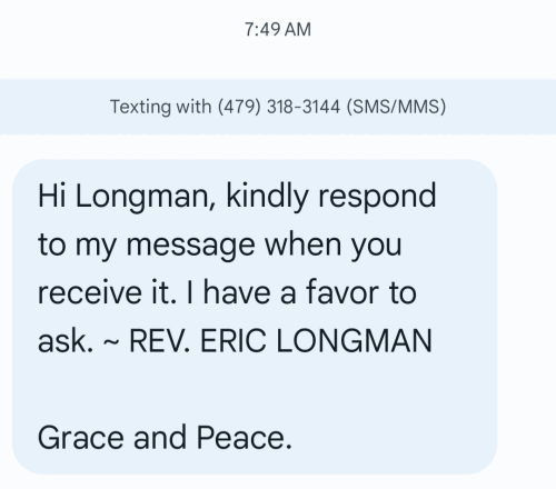 Image of a scam text message received by Pastor Longman