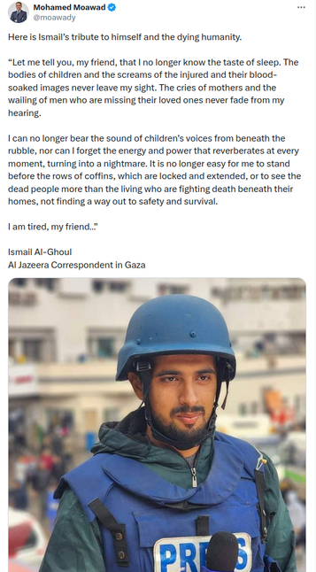 Screenshot: Tweet re Al Jazeera journalist Ismail Al-Ghoul and cameraman Rami Rifi were killed by an Israeli airstrike on their car right after a live broadcast.