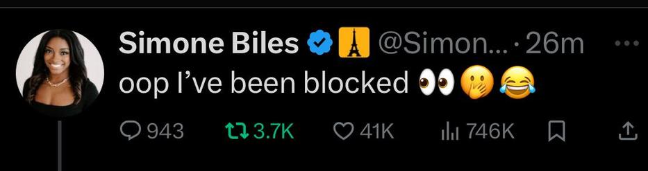 Screenshot of tweet from Simone Biles: “oop I’ve been blocked 👀 🤫😂”