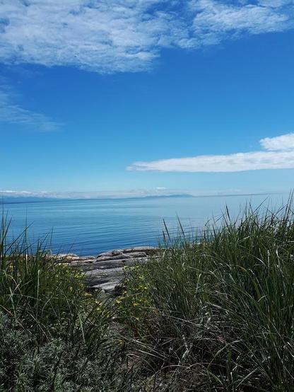 the bottom of the photo has shore grass and a path through to drift wood at the high tide line. The ocean and sky are blue. There are low bands of cloud over islands in the distance, and high cirrus clouds in the sky. The sea is calm. 