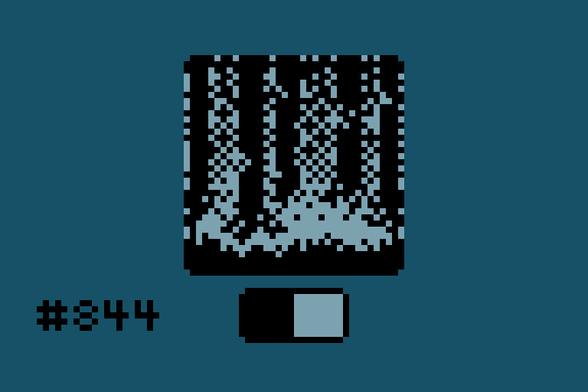 1-bit pixelart of a dark foggy forest. Tall dark trees are mostly visible through fog that gets thicker near the forest floor.