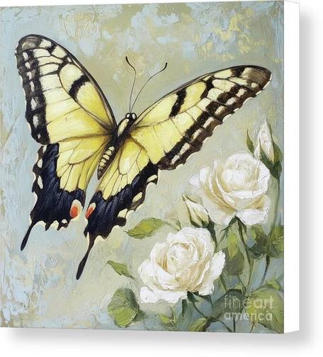 This is artwork of a yellow swallowtail butterfly with little white roses against a textured green background. 