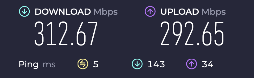 A speedtest.net internet connection speed test results screenshot: 312Mbps download, 292Mbps upload.