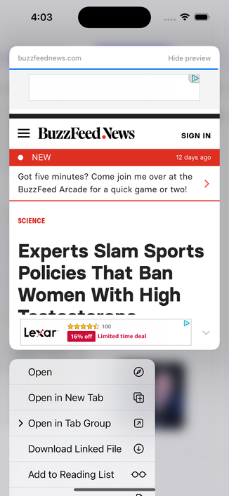 screenshot of iOS link preview for a BuzzFeed article. Most of the page is taken up by marketing and you can only read the first part of the headline: “Experts Slam Sports Policies That Ban Women With High…”