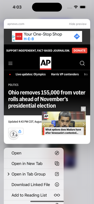 screenshot of iOS link preview for an AP News article. Most of the page is taken up by various headers, toolbars, and floating elements unrelated to the article. You can almost see part of the article’s publication date underneath all of it