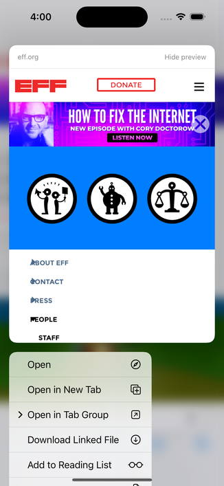 screenshot of iOS link preview of an EFF article. All that’s visible is a jumbled, misaligned header bar, an ad for a podcast, a very large graphic with tech-related icons, and part of a foldout menu with “About EFF”, “Contact”, “Press”, “People”, and “Staff”, but each menu item is partially covered by a triangle.

There are no signs of the article this is supposed to be a preview of.