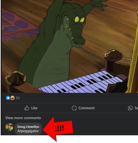 In a social media post, a cartoon alligator is poised to play something dramatic on a two manual organ of some sort
Below the picture a reply from a poster called Doug Llewellyn just says 
